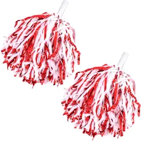 2 Pcs Cheerleading Pom Poms with Handle for Girl Team Spirit Sports Games Dance Outfit (Red-White)
