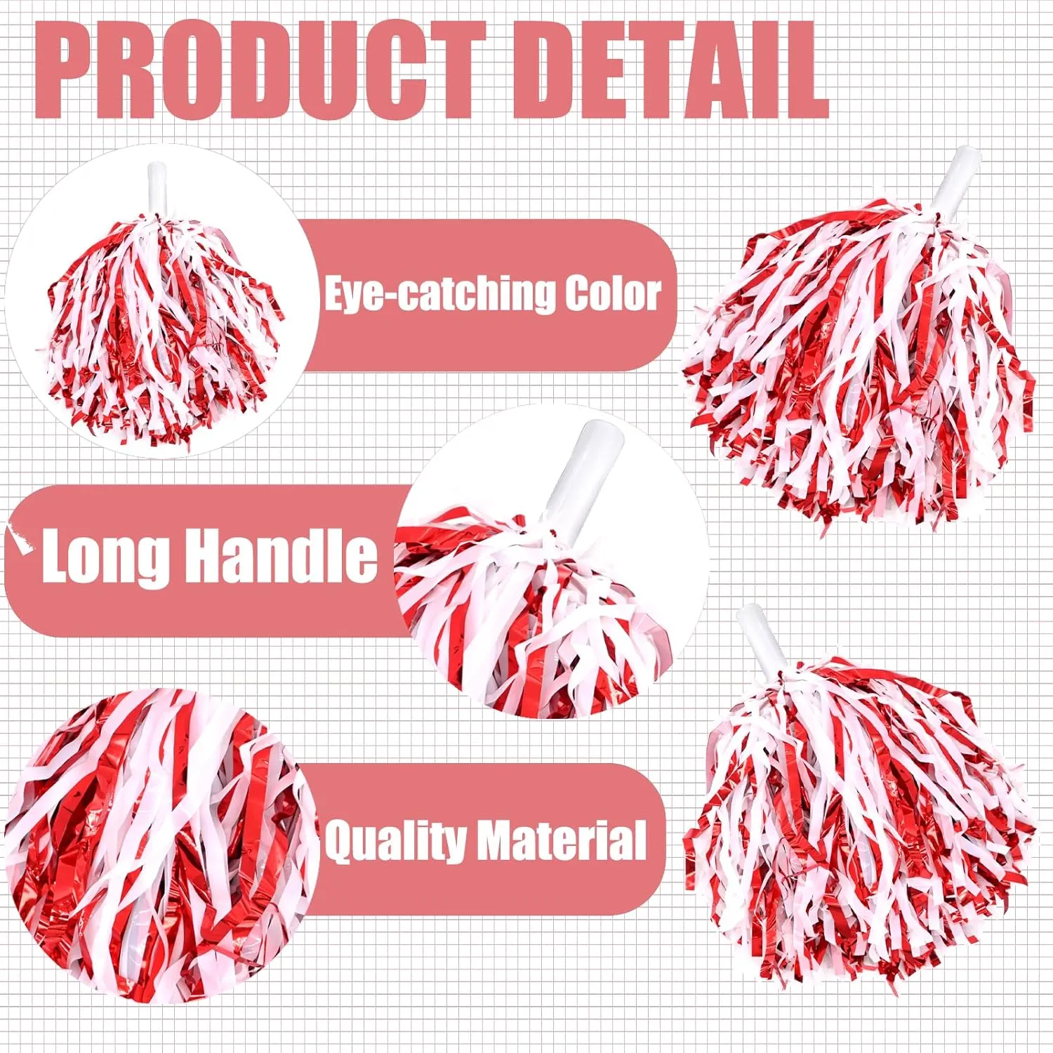 2 Pcs Cheerleading Pom Poms with Handle for Girl Team Spirit Sports Games Dance Outfit (Red-White)