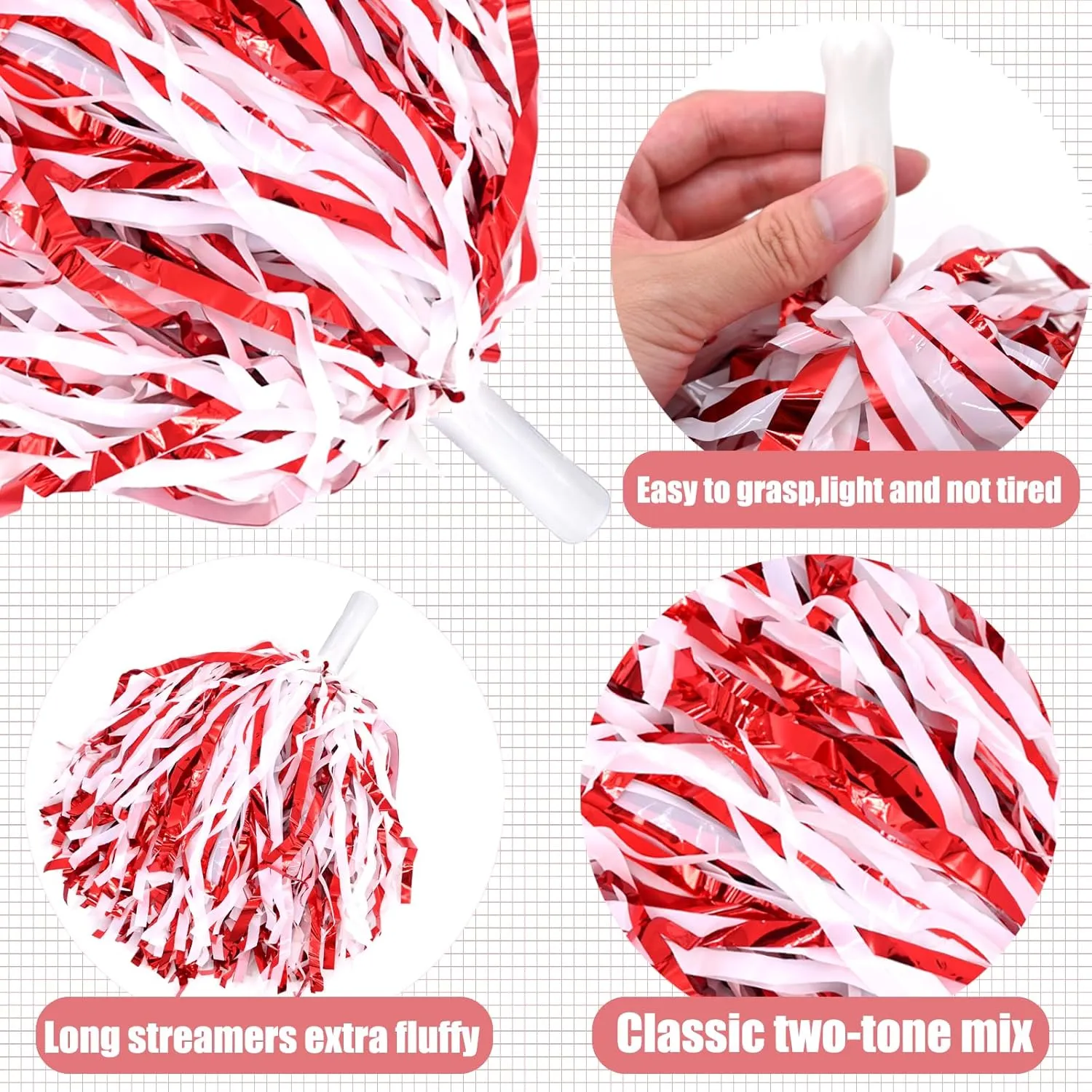 2 Pcs Cheerleading Pom Poms with Handle for Girl Team Spirit Sports Games Dance Outfit (Red-White)