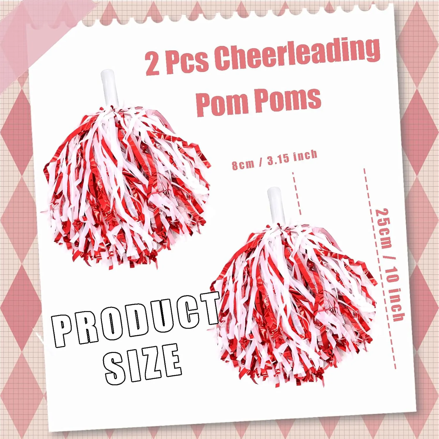 2 Pcs Cheerleading Pom Poms with Handle for Girl Team Spirit Sports Games Dance Outfit (Red-White)