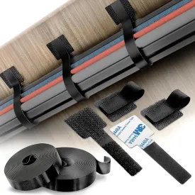 40 PCS Self-Adhesive Hook and Loop Cable Ties with 2 Rolls Extension Straps  Sticky-Back Cord Organizer for Under Desk Cable Management, Adjustable Nylon Wire Organizer for Home and Office (Black)