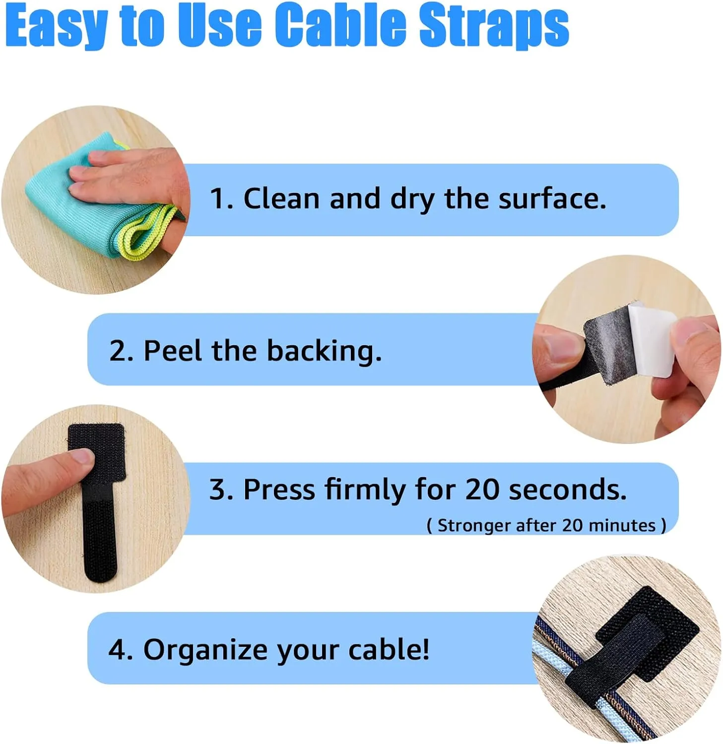80PCS Hook and Loop Cable Ties, Hook and Loop Cable Straps, Under Desk Cable Management, Adhesive Cable Clips, Sticky-Back Cord Organizer for Desk, Household & Office Organization (Black Gray)