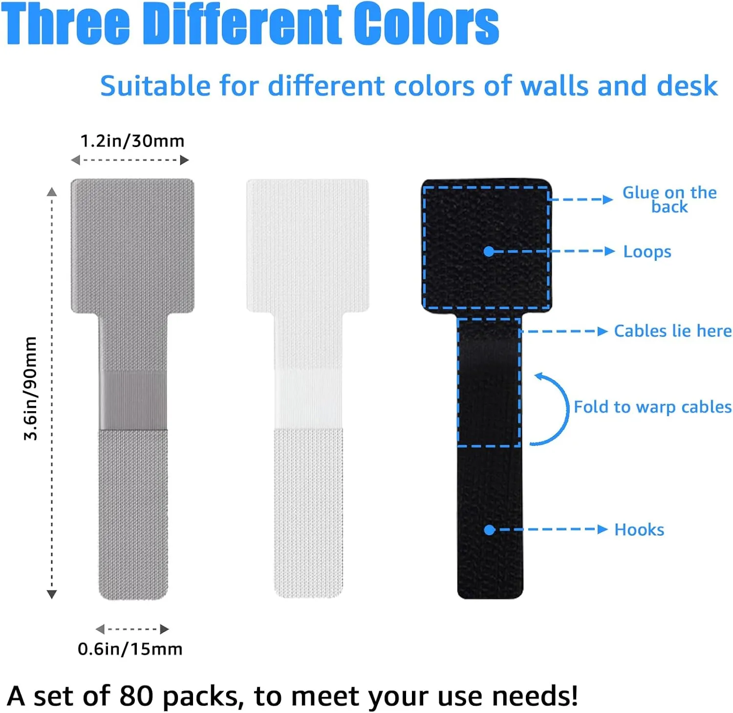 80PCS Hook and Loop Cable Ties, Hook and Loop Cable Straps, Under Desk Cable Management, Adhesive Cable Clips, Sticky-Back Cord Organizer for Desk, Household & Office Organization (Black Gray)