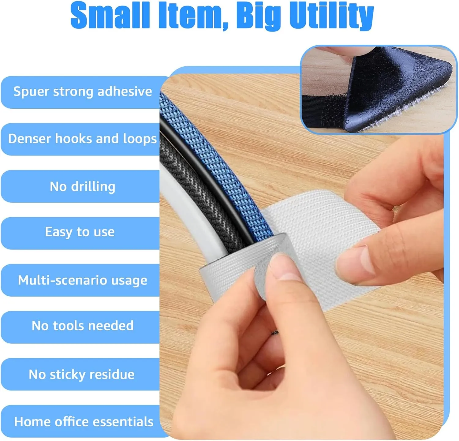80PCS Hook and Loop Cable Ties, Hook and Loop Cable Straps, Under Desk Cable Management, Adhesive Cable Clips, Sticky-Back Cord Organizer for Desk, Household & Office Organization (Black Gray)