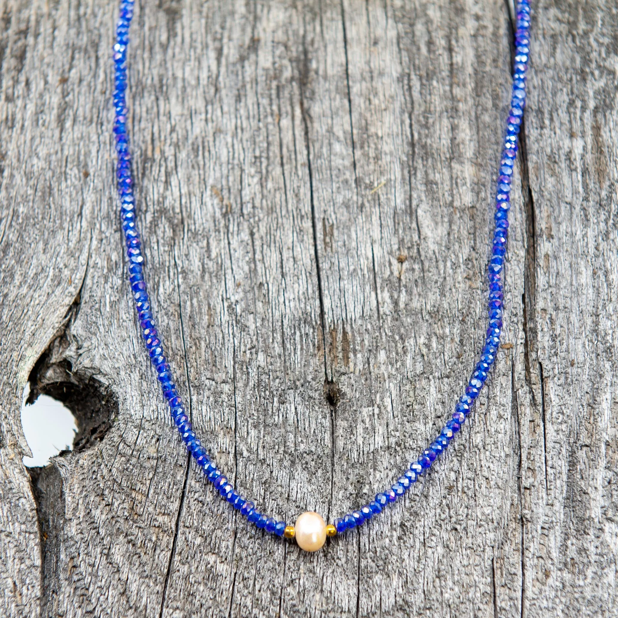 Bali Pearl Necklace with Dainty Blue Beads