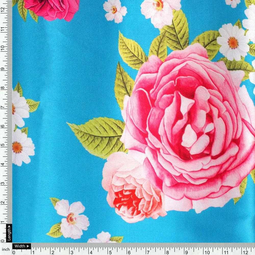 Beautiful Multicolour Anemone Roses Digital Printed Fabric - Japan Satin