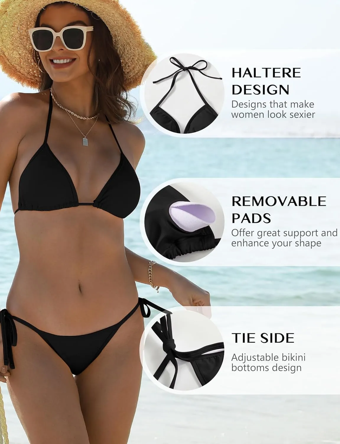 Buauty Bikini Sets for Womens Two Piece Swimsuits Halter String Triangle Bathing Suit Swim Sexy Tie Side Bottom Swimwear