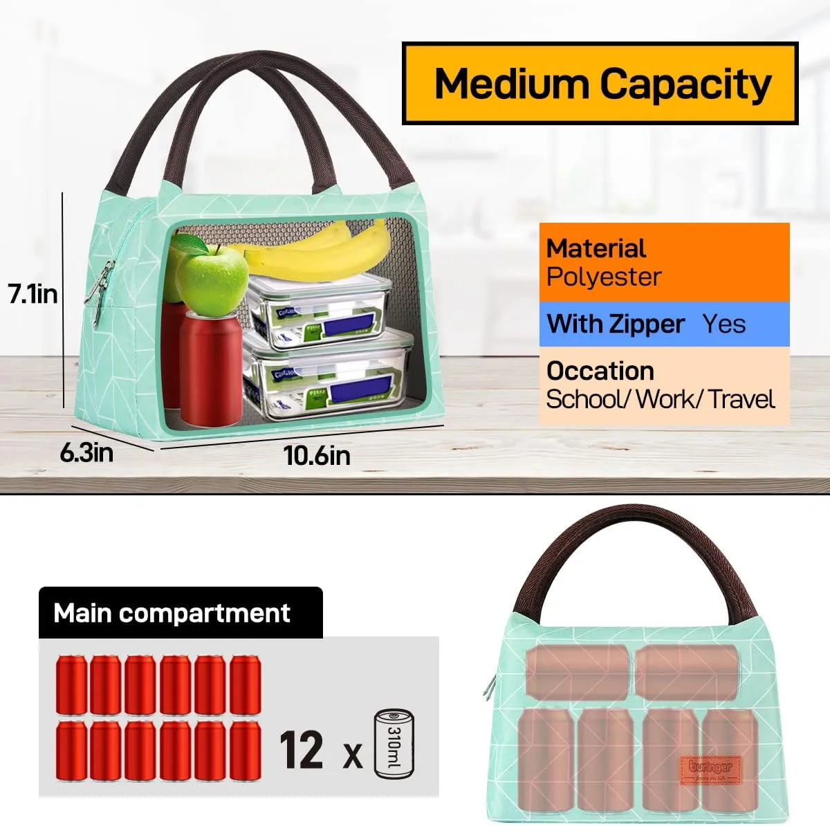 Buringer Insulated Lunch Bag Lunch Box for Women Men Adult Lunch Tote for Work Picnic Travel (Geometry Green)