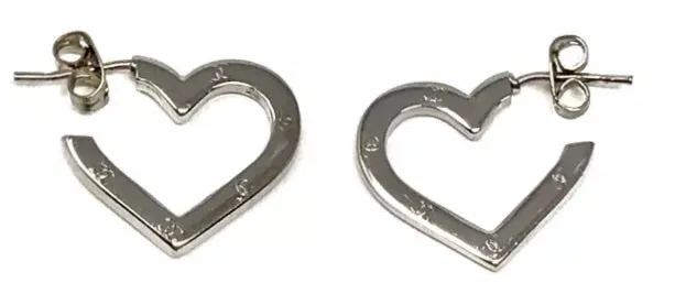Chanel Heart Hoop Earrings Logo Silver Tone