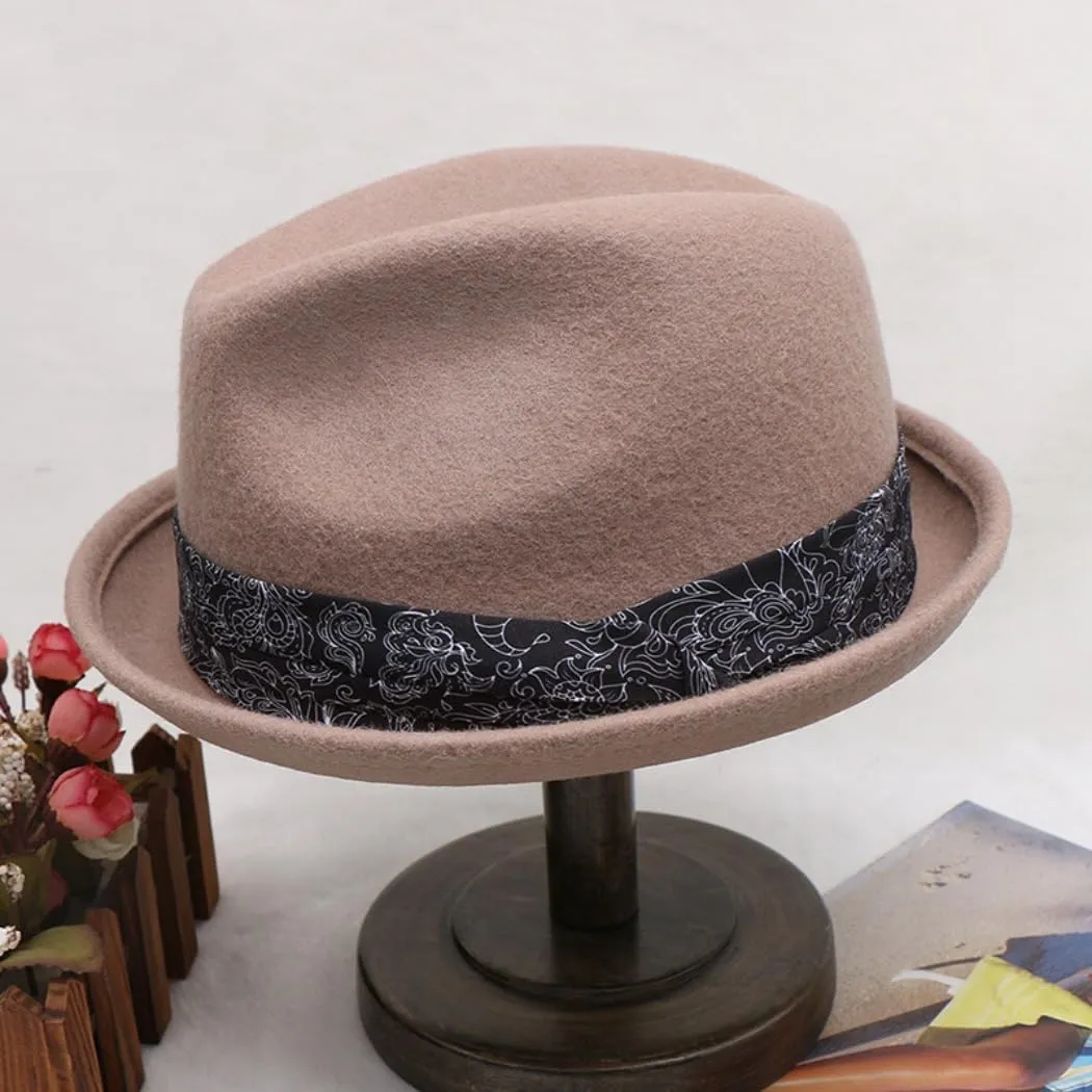 Classic Wool Fedora Hat with Patterned Band, Black