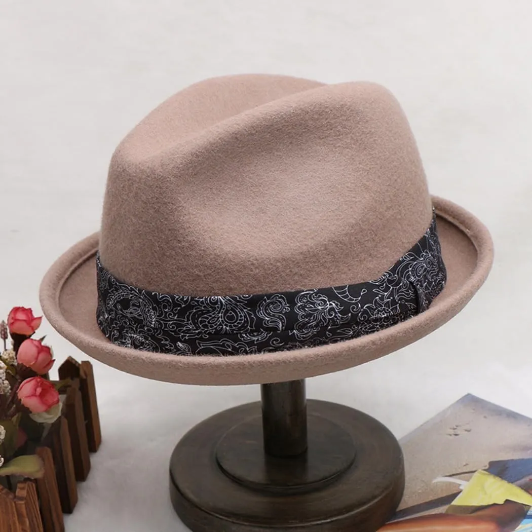 Classic Wool Fedora Hat with Patterned Band, Black