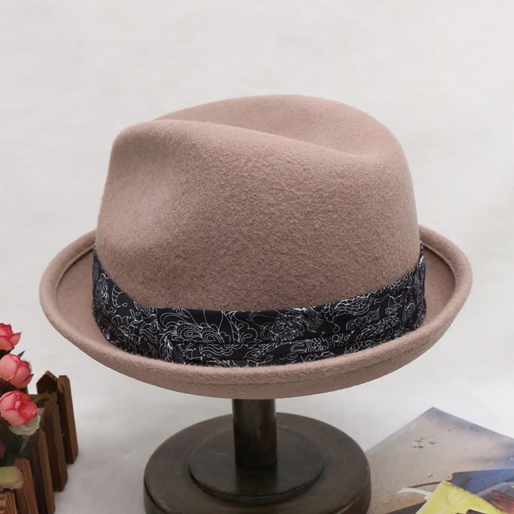 Classic Wool Fedora Hat with Patterned Band, Black