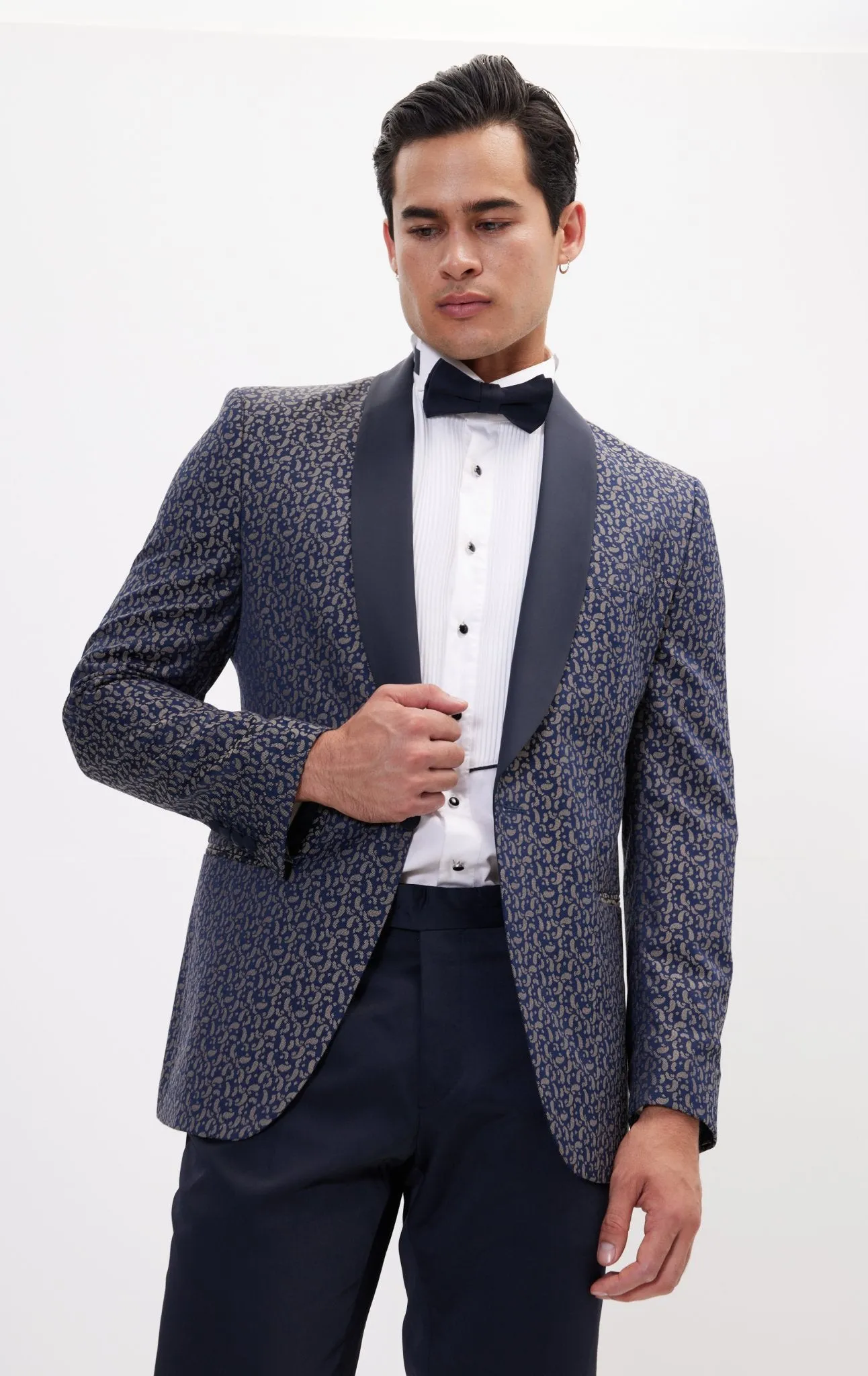 Contrast Shawl Lapel Tuxedo Jacket - Navy Beige