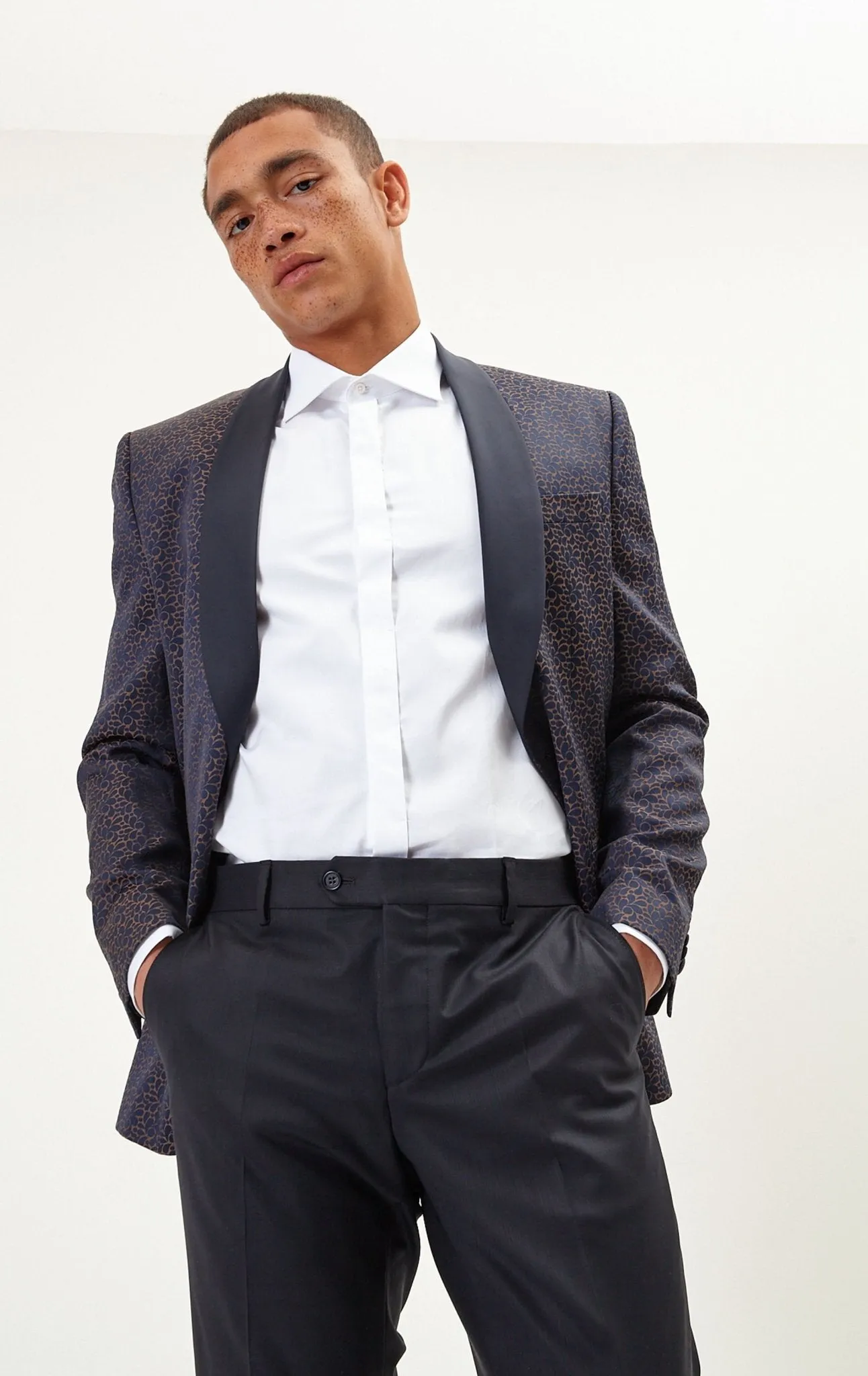 Contrast Shawl Lapel Tuxedo Jacket - Navy