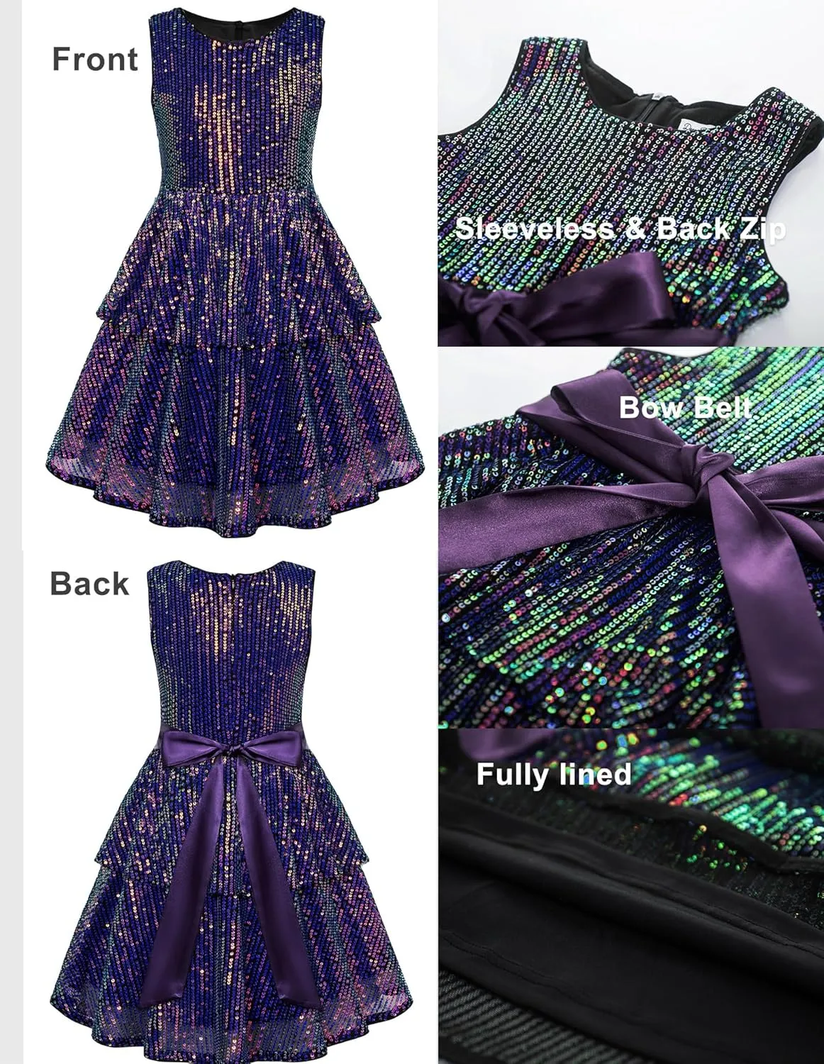 Danna Belle Girls Sequin Dress Sleeveless Party Birthday Dual-Layer Dresses 5-14