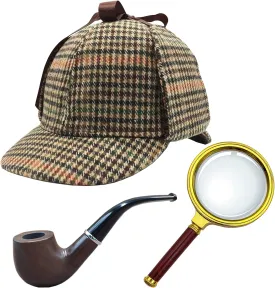 Deerstalker Hat/Detective Hat  100mm Magnifying Glass   Solid Wood Pipe, Cosplay Costumes for Women Man Kids
