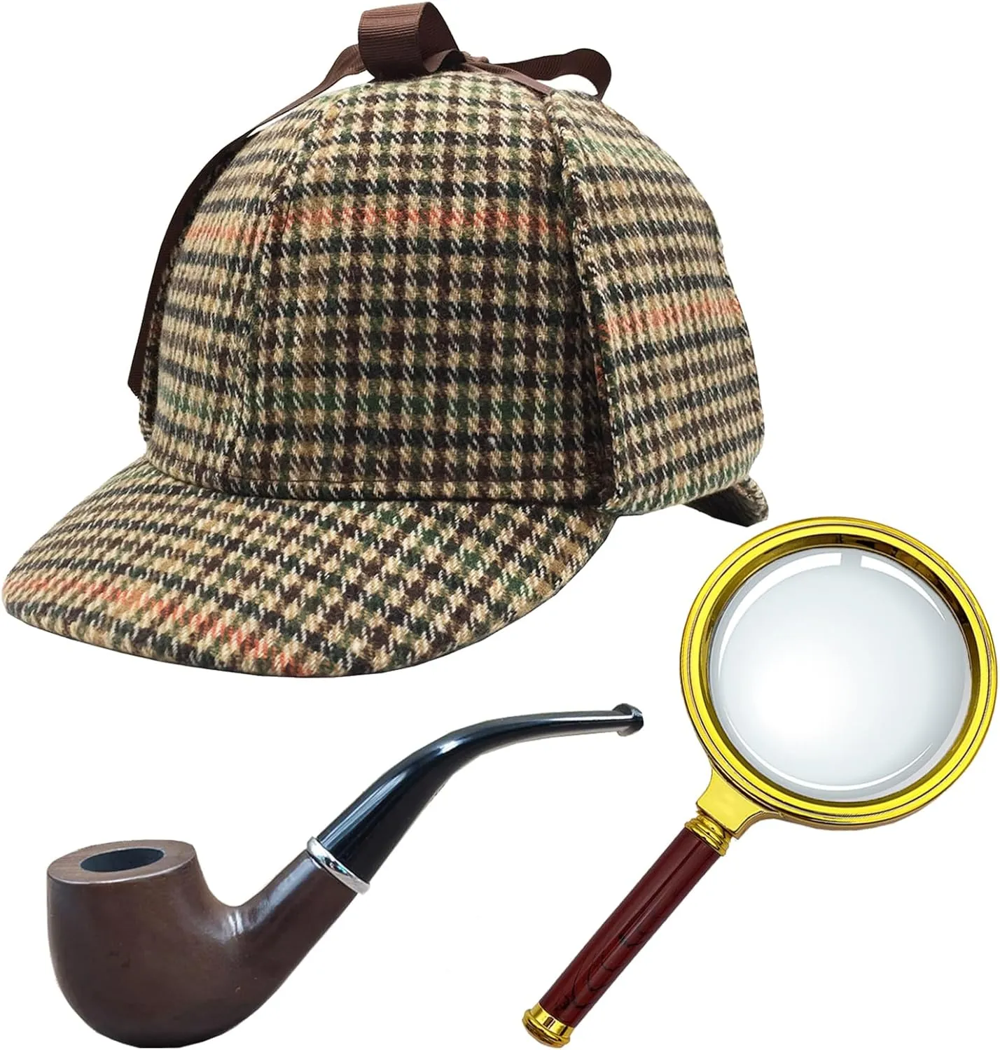 Deerstalker Hat/Detective Hat  100mm Magnifying Glass   Solid Wood Pipe, Cosplay Costumes for Women Man Kids