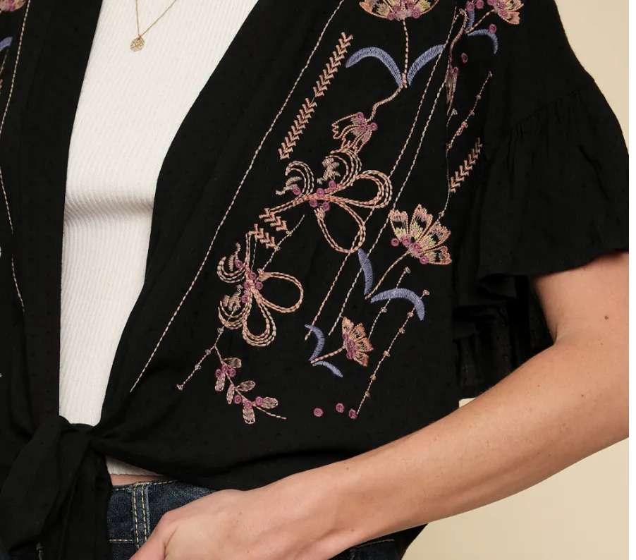 Embroidered Ruffle Short Sleeve Kimono