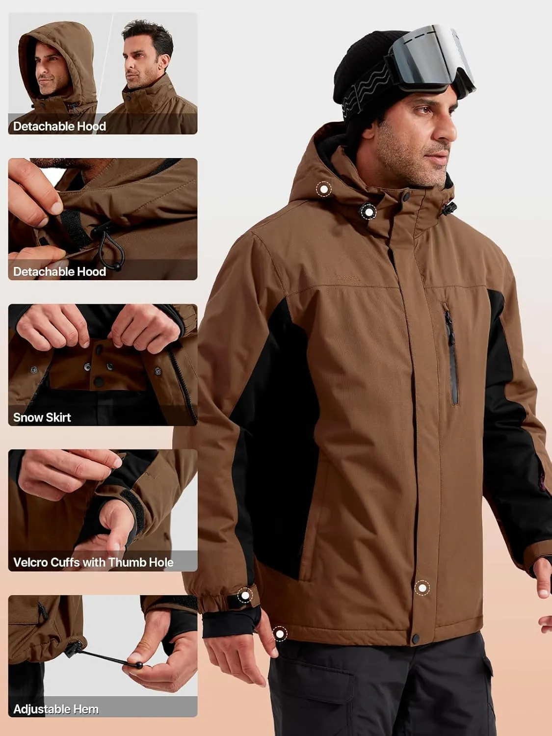 FREE SOLDIER Men's Waterproof Ski Jacket Fleece Lined Warm Winter Snow Coat with Hood Fully Taped Seams