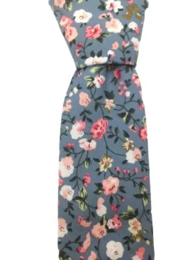 Gray Cotton Skinny Tie with Pink, Peach, White Flowers