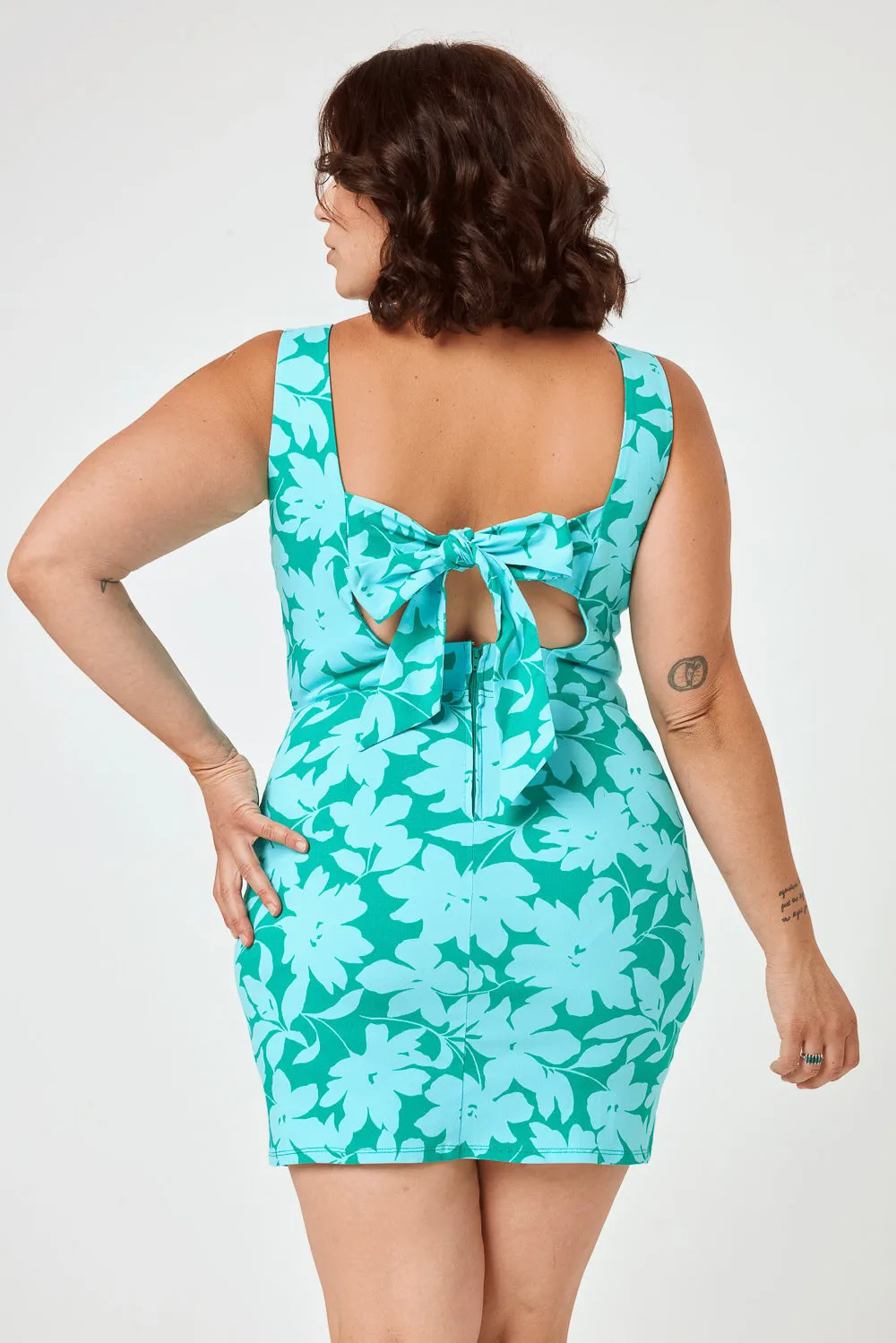 Green Turquoise Floral Tie Back Dress