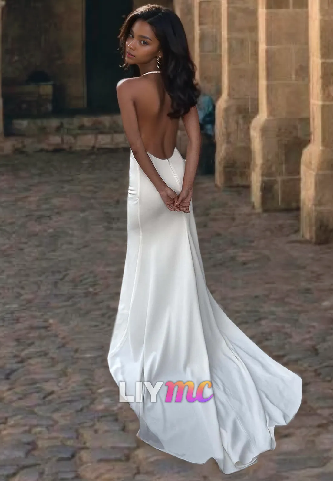Halter Sleeveless Sleek Satin Mermaid Beach Wedding Dress