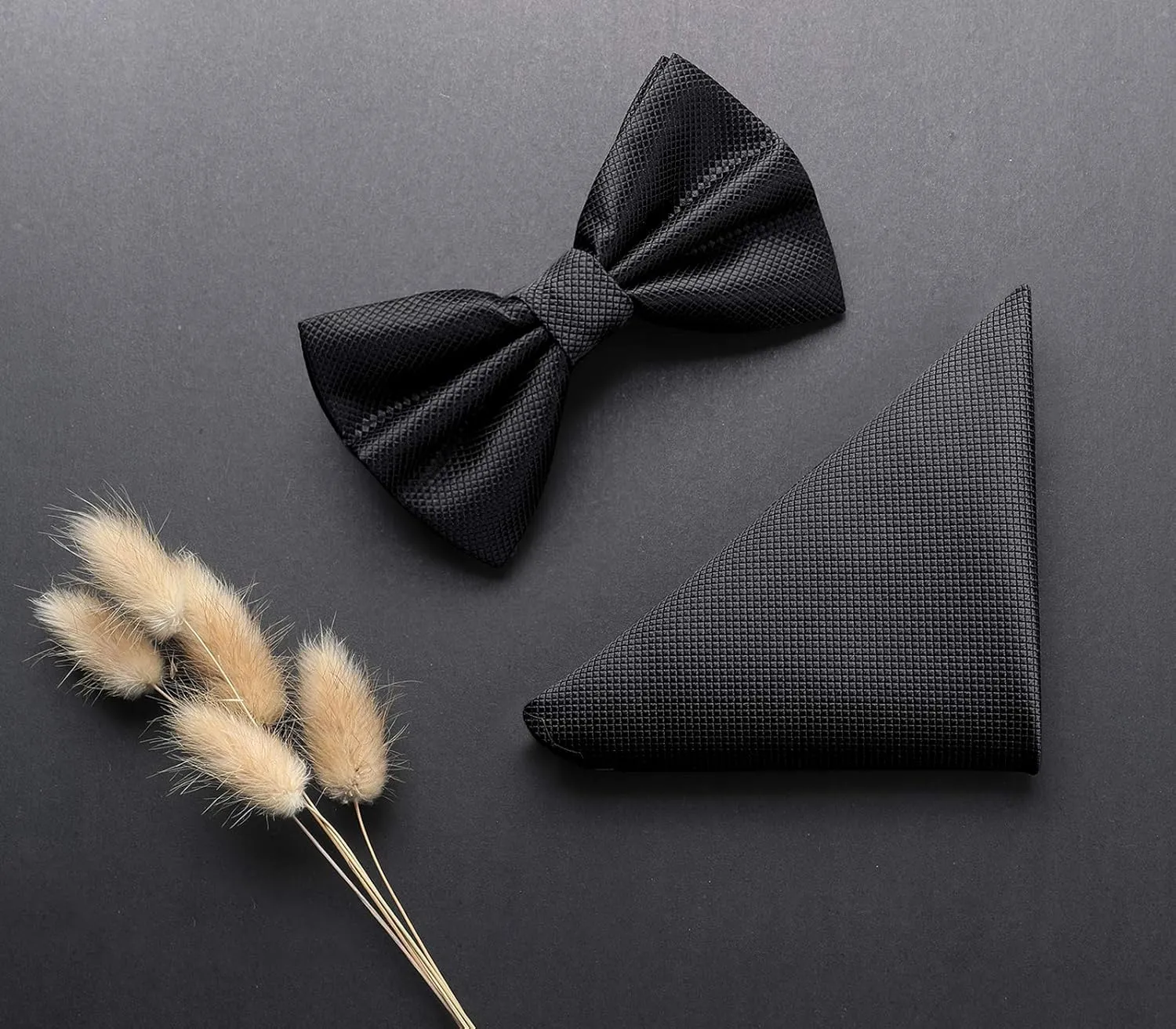 HISDERN Bow Ties for Men Solid Color Pre-Tie Bow Tie and Pocket Square Set Classic Formal Tuxedo Bowties for Wedding Party
