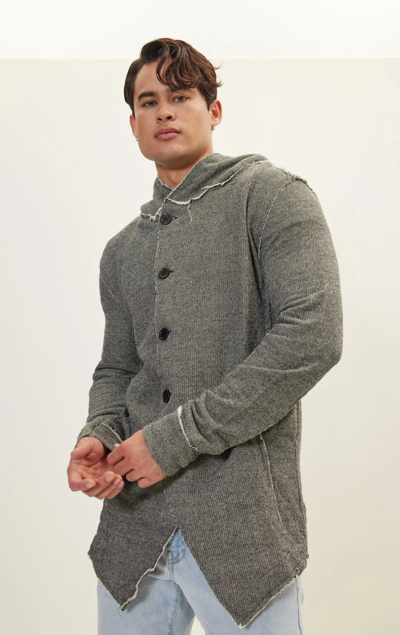 Hooded Asymmetric Closure Raw Cardigan - Black White