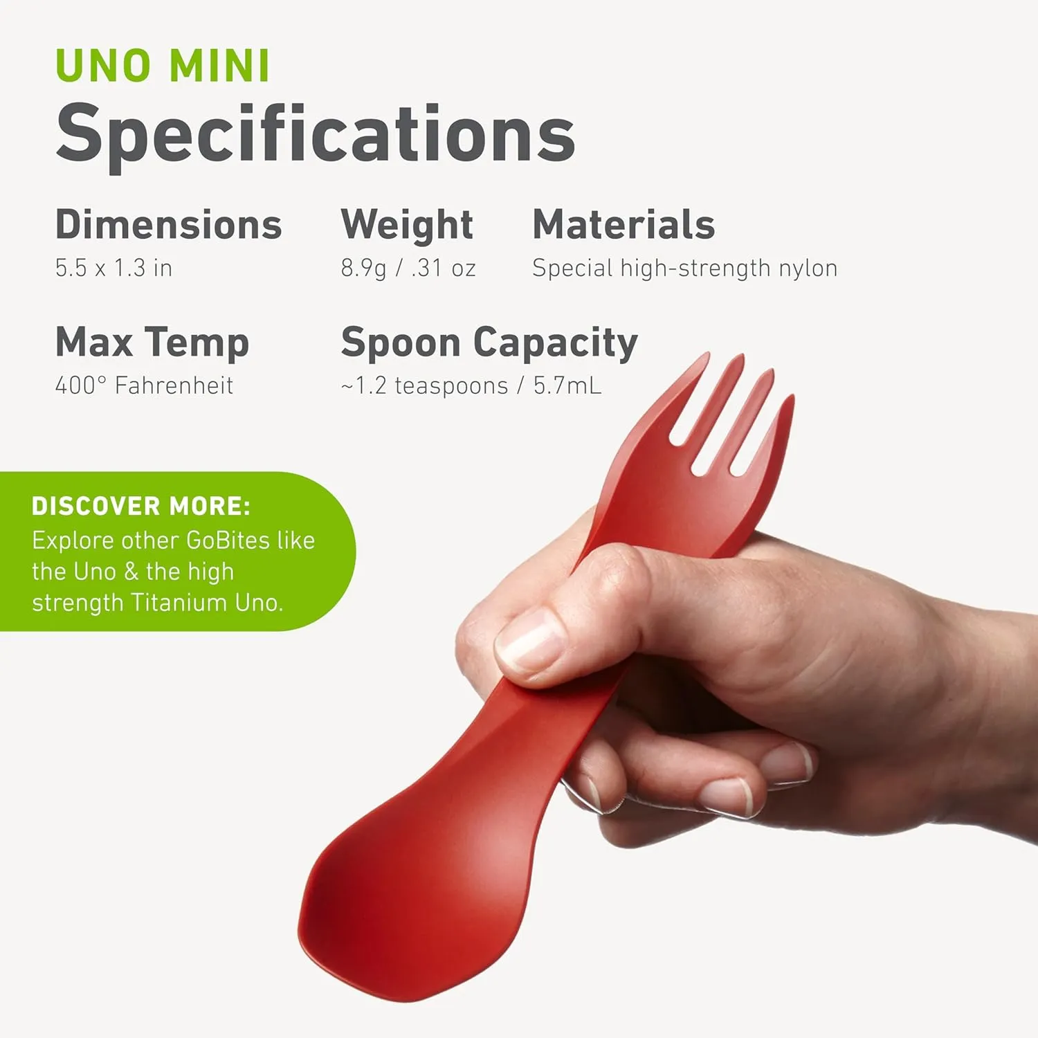 Humangear GoBites Uno Portable Silverware Utensils Camping Gear Accessories Kitchen Equipment for Cooking or Lunchbox, 1-Pack, Light Green