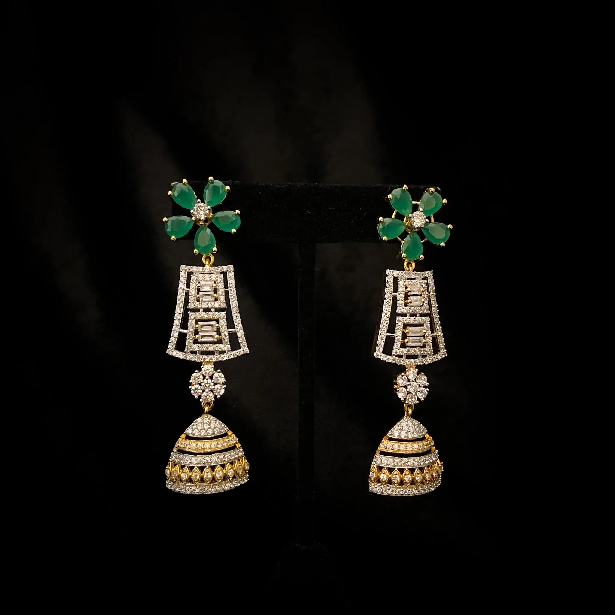 Intricate Green Floral and White Zircon (CZ) Sparkling stone earring