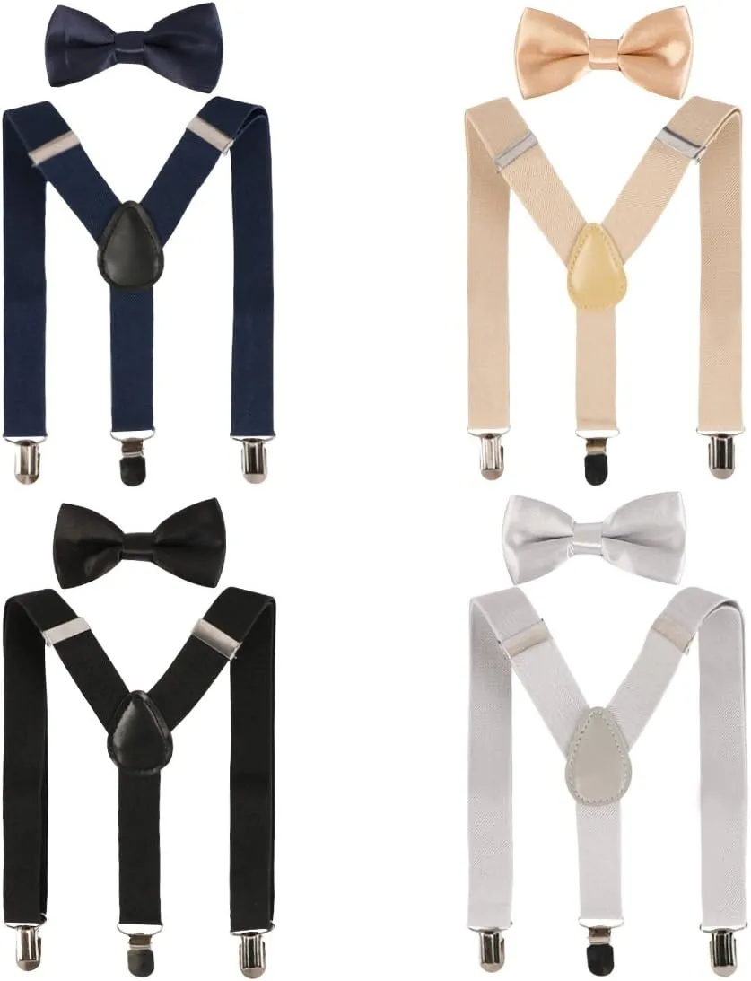 kilofly 4 Sets Boys Pre-tied Adjustable Neck Bow Ties   Elastic Suspenders Pack