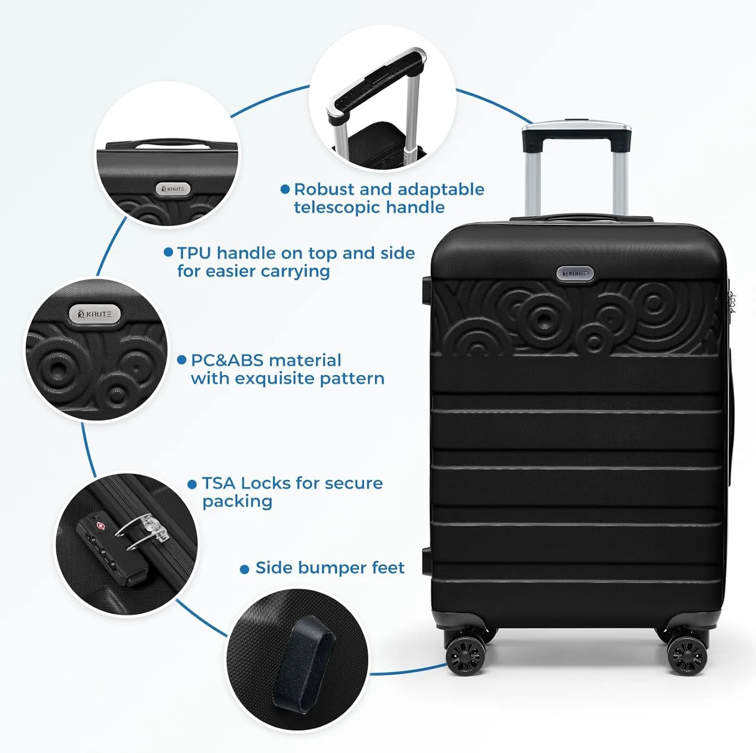 Krute Suitcases with Wheels, 24 Inch Checked Luggage with Spinner Wheels, Lightweight PC ABS TSA Lock Hard Shell Luggage Unique Patterns??Black??