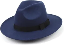 PartyKindom Vintage Wool Fedora Hat Wide Brim Jazz Hat Men's Fedora for Special Occasions Dark Blue