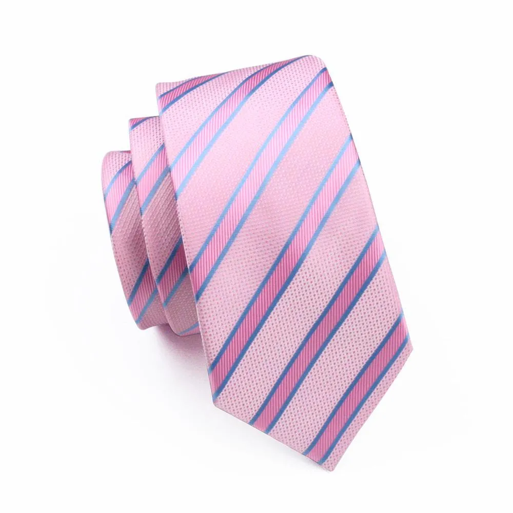 Pink Blue Striped Silk Men's Tie Pocket Square Cufflinks Gift Box Set