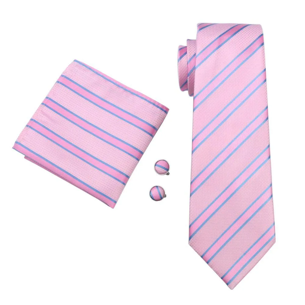 Pink Blue Striped Silk Men's Tie Pocket Square Cufflinks Gift Box Set