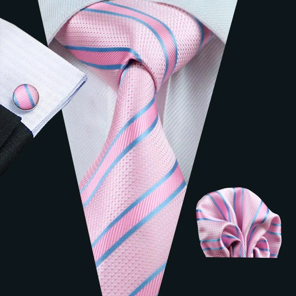 Pink Blue Striped Silk Men's Tie Pocket Square Cufflinks Gift Box Set