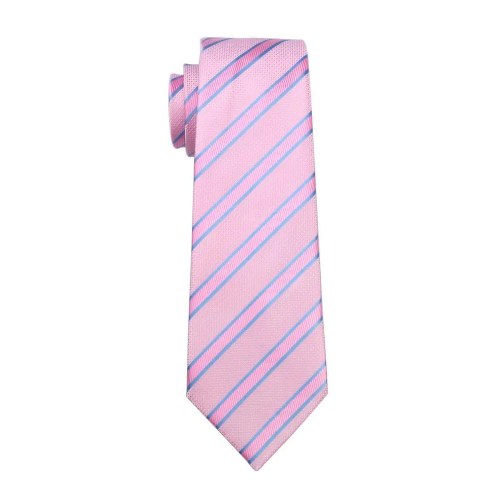 Pink Blue Striped Silk Men's Tie Pocket Square Cufflinks Gift Box Set