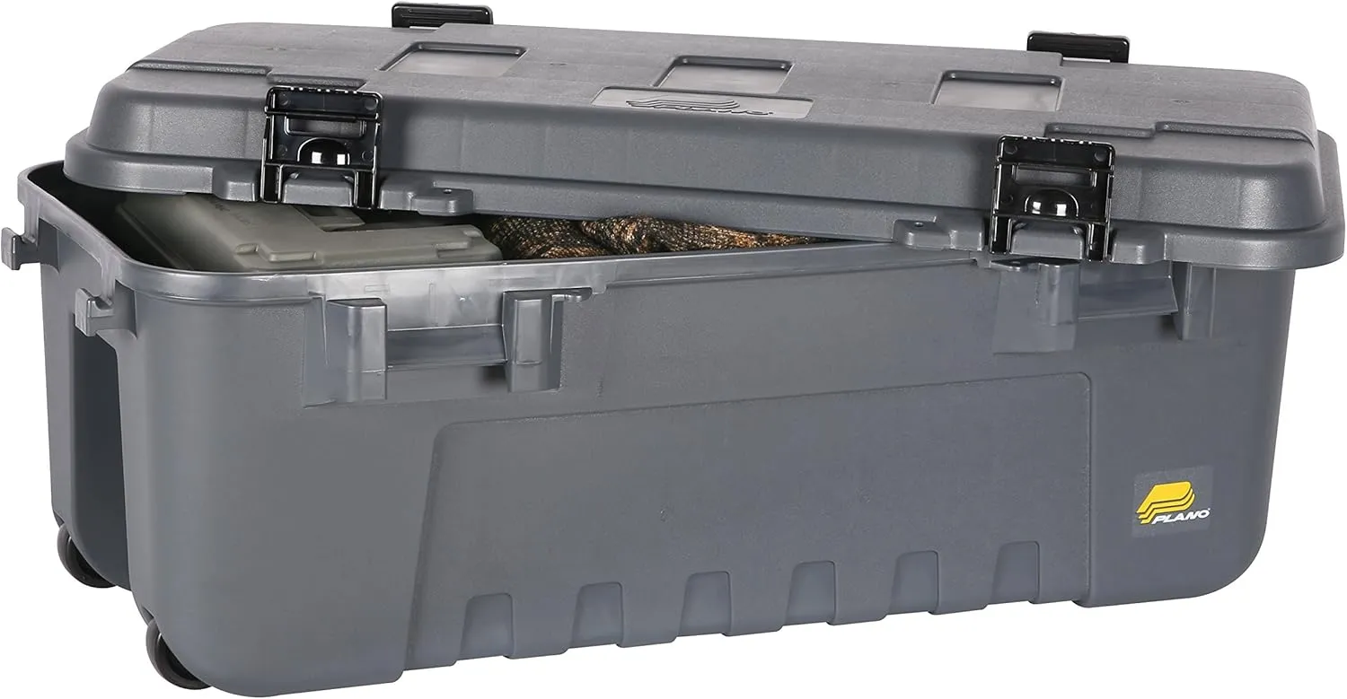 Plano Storage Trunk with Wheels, Gray, Lockable Storage Box, Airline Approved Sportsman Trunk, Hunting Gear and Ammunition Bin, Heavy-Duty Containers for Camping, 108-Quart