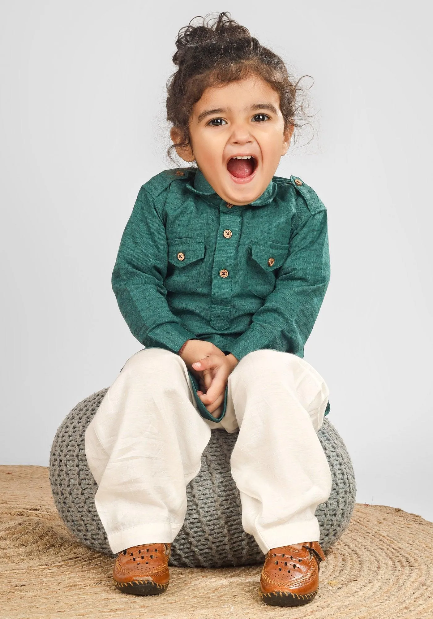 Polka Tots Full Sleeves Pathani Set - Green