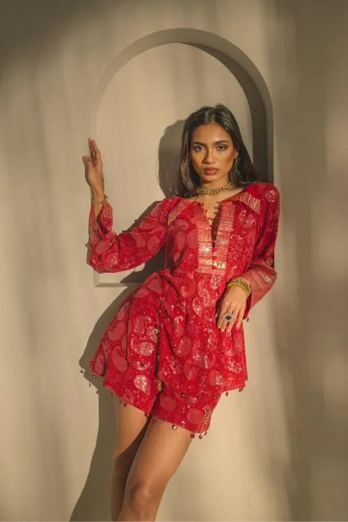 RUBY RED CHICKANKARI TUNIC