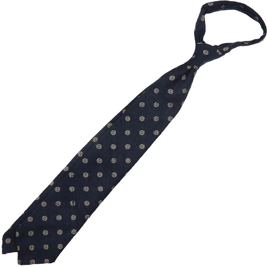 Shibumi-Flower Shantung Silk Tie - Navy - Hand-Rolled