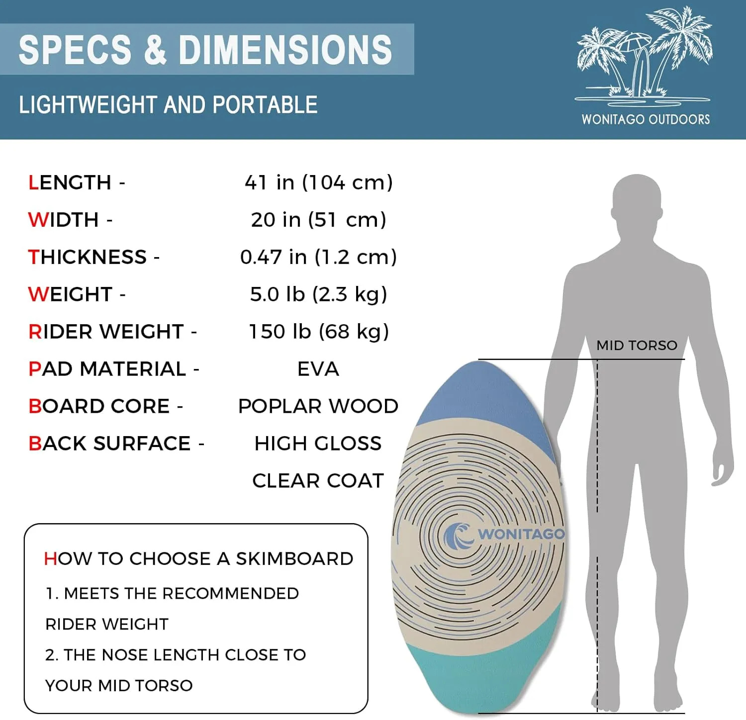 Skimboard with EVA Grip Pad and High Gloss Clear Coat, Durable Wooden Skim Boards for Kids and Adults, 35"/41"