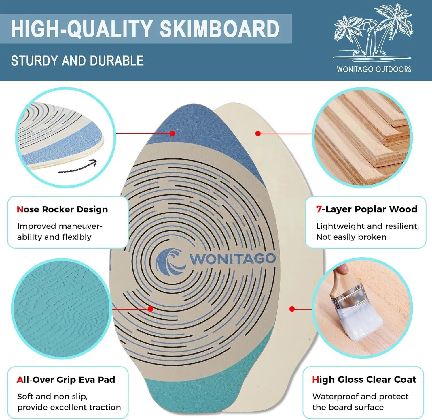 Skimboard with EVA Grip Pad and High Gloss Clear Coat, Durable Wooden Skim Boards for Kids and Adults, 35"/41"
