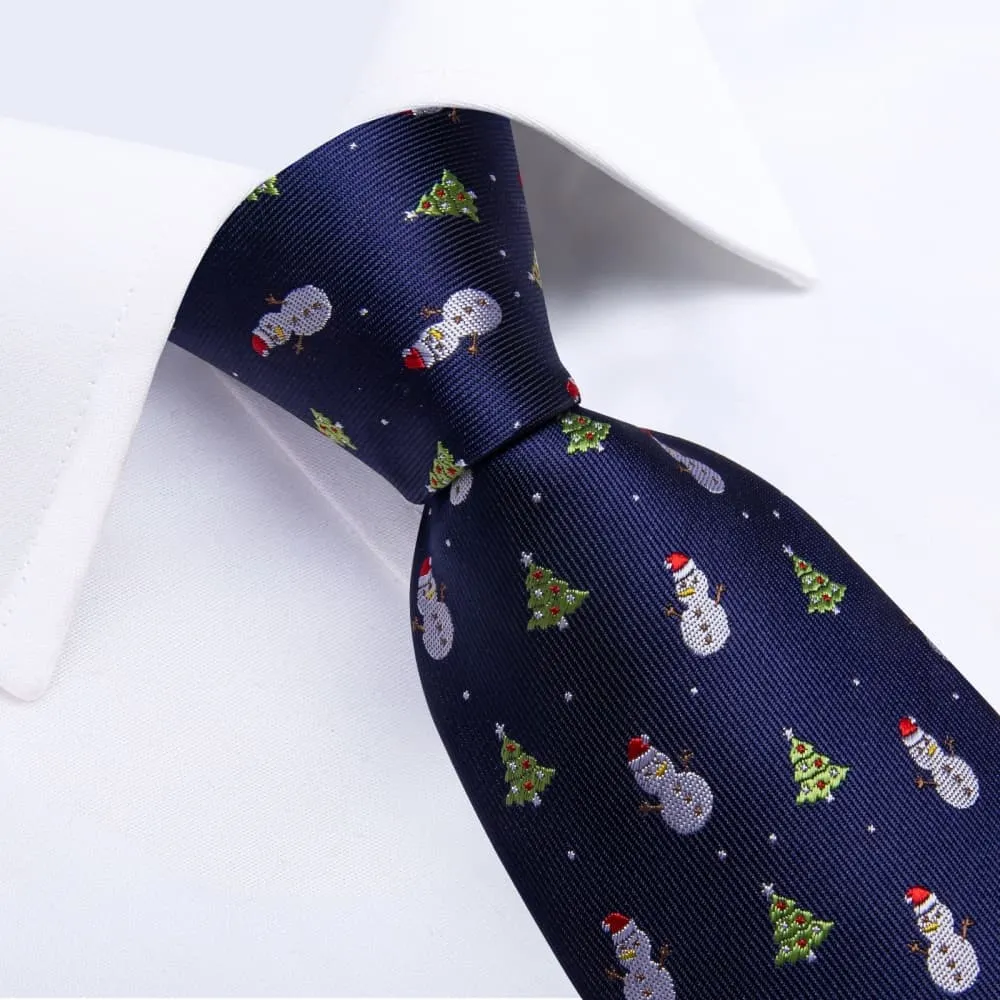 Ties2you Blue Green Christmas Tree Snowman Necktie Pocket Square Cufflinks Set