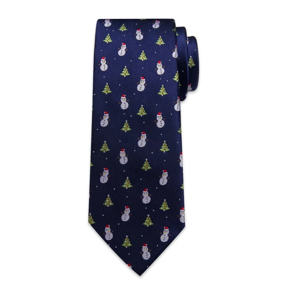 Ties2you Blue Green Christmas Tree Snowman Necktie Pocket Square Cufflinks Set