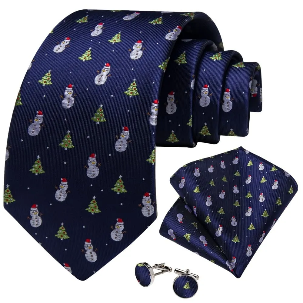 Ties2you Blue Green Christmas Tree Snowman Necktie Pocket Square Cufflinks Set