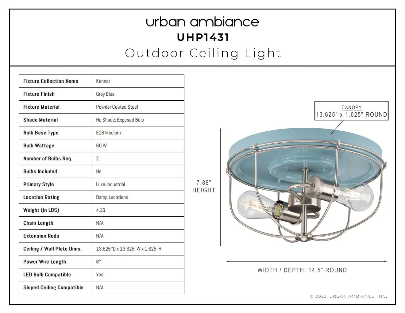 UHP1431 Farmhouse Outdoor Ceiling Light 7.875''H x 14.5''W, Gray Blue Finish, Kenner Collection