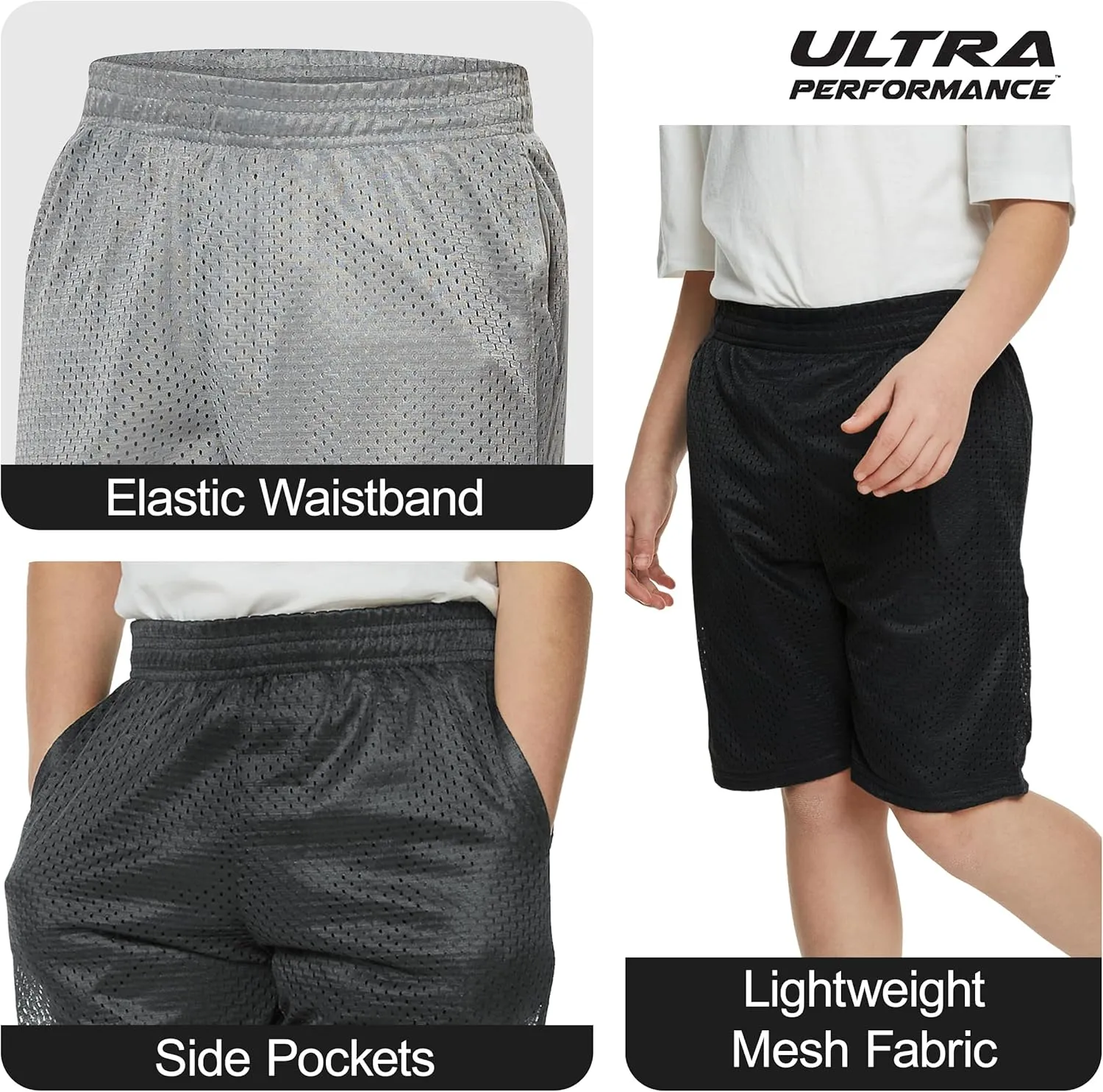 Ultra Performance Boy's Basketball Short's 3 Pack Mesh Athletic Shorts Youth Basketball Soccer & Gym Short for Active Boys