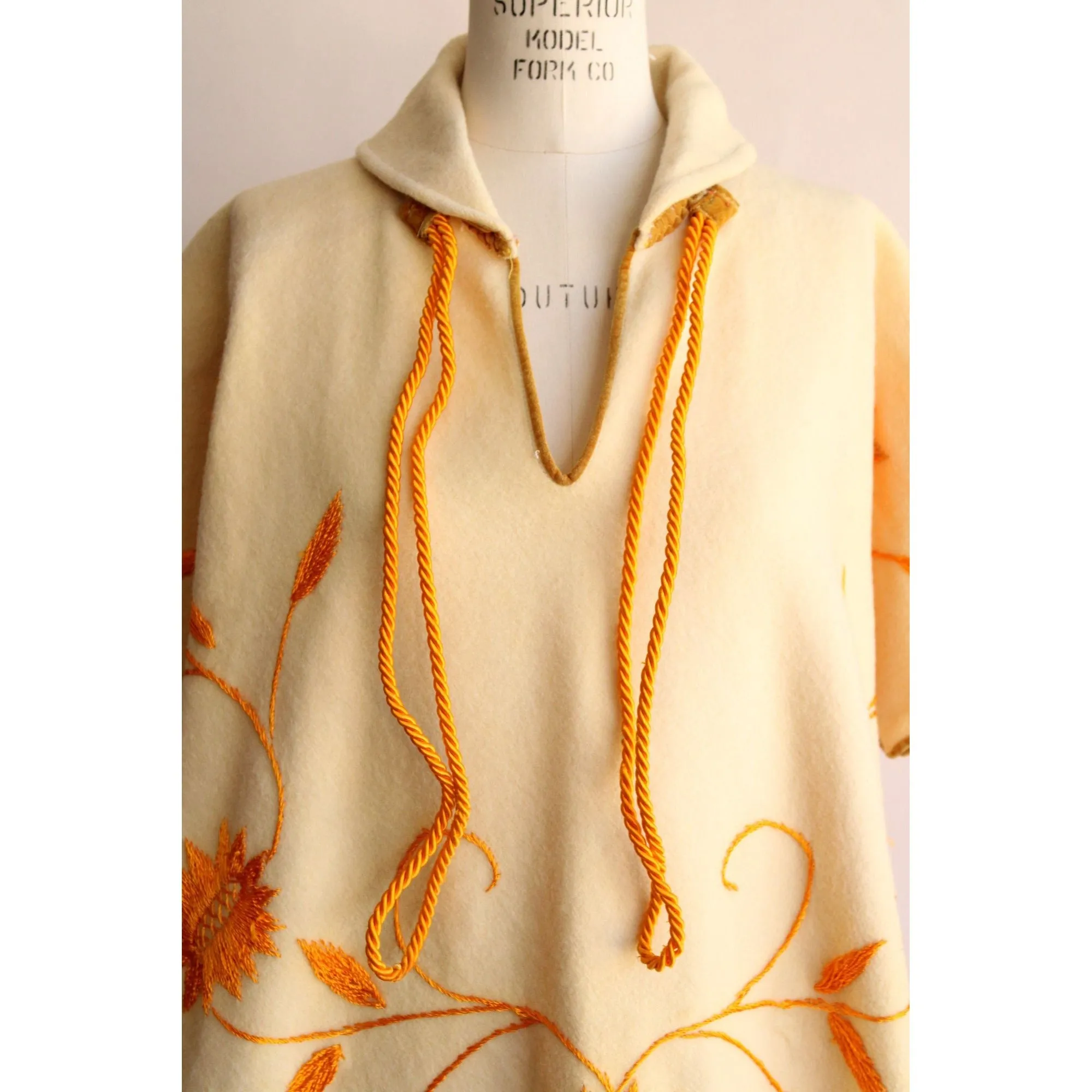 Vintage 1960s Yellow Felted Wool Embroidered Poncho