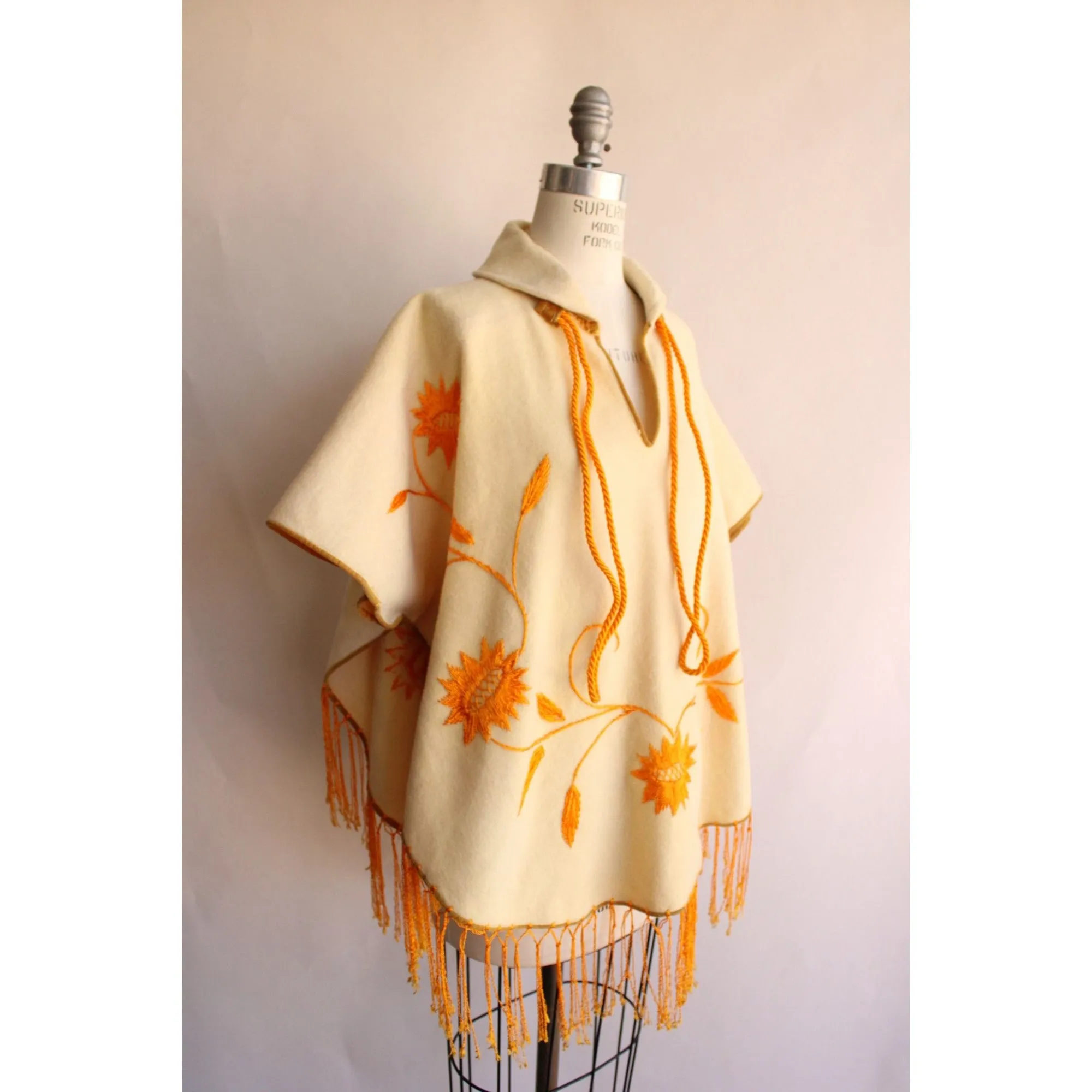 Vintage 1960s Yellow Felted Wool Embroidered Poncho